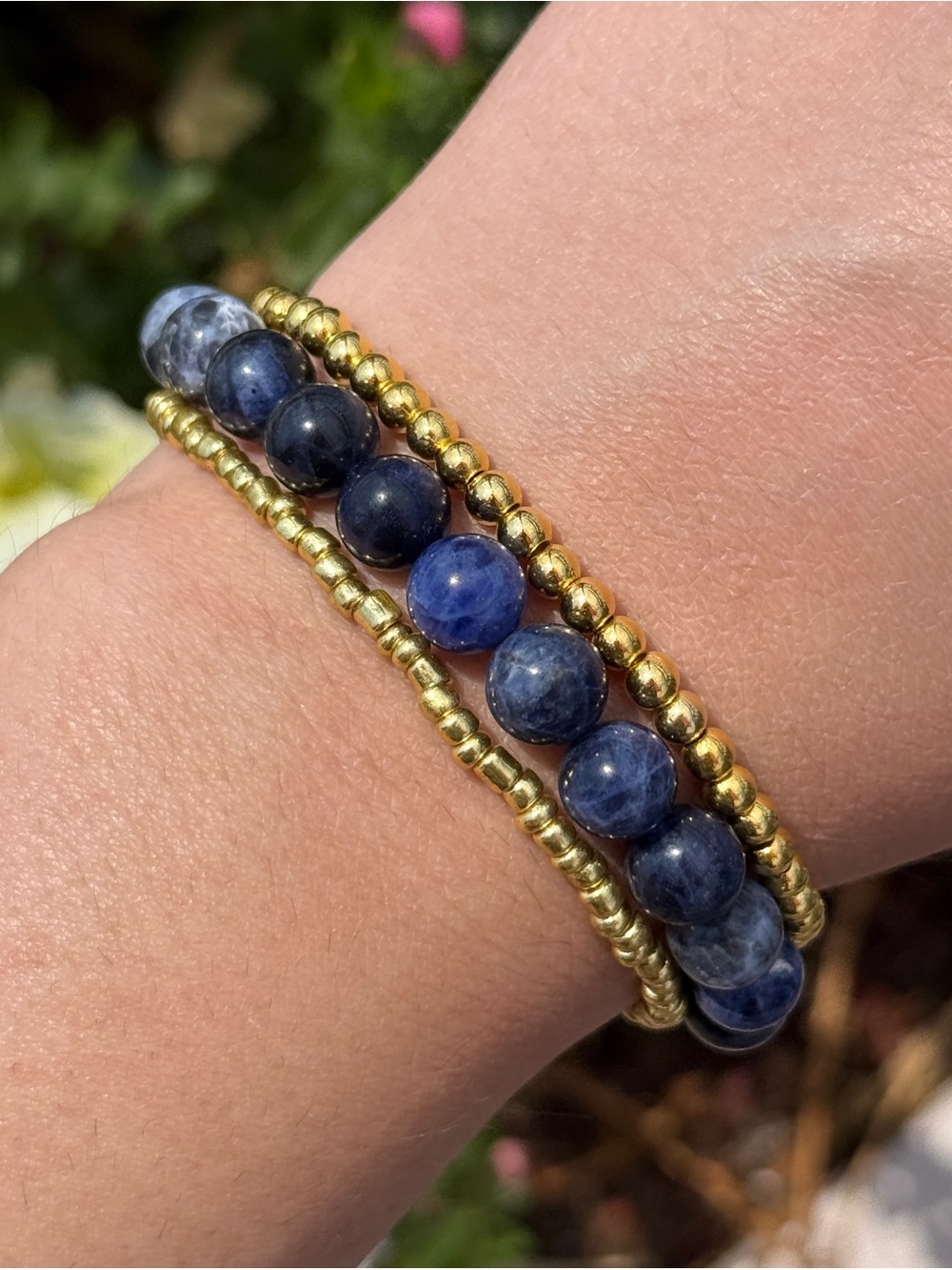 Natural Sodalite Bracelet Set 8mm Round Crystal Beads Gold Tone Accents Handmade
